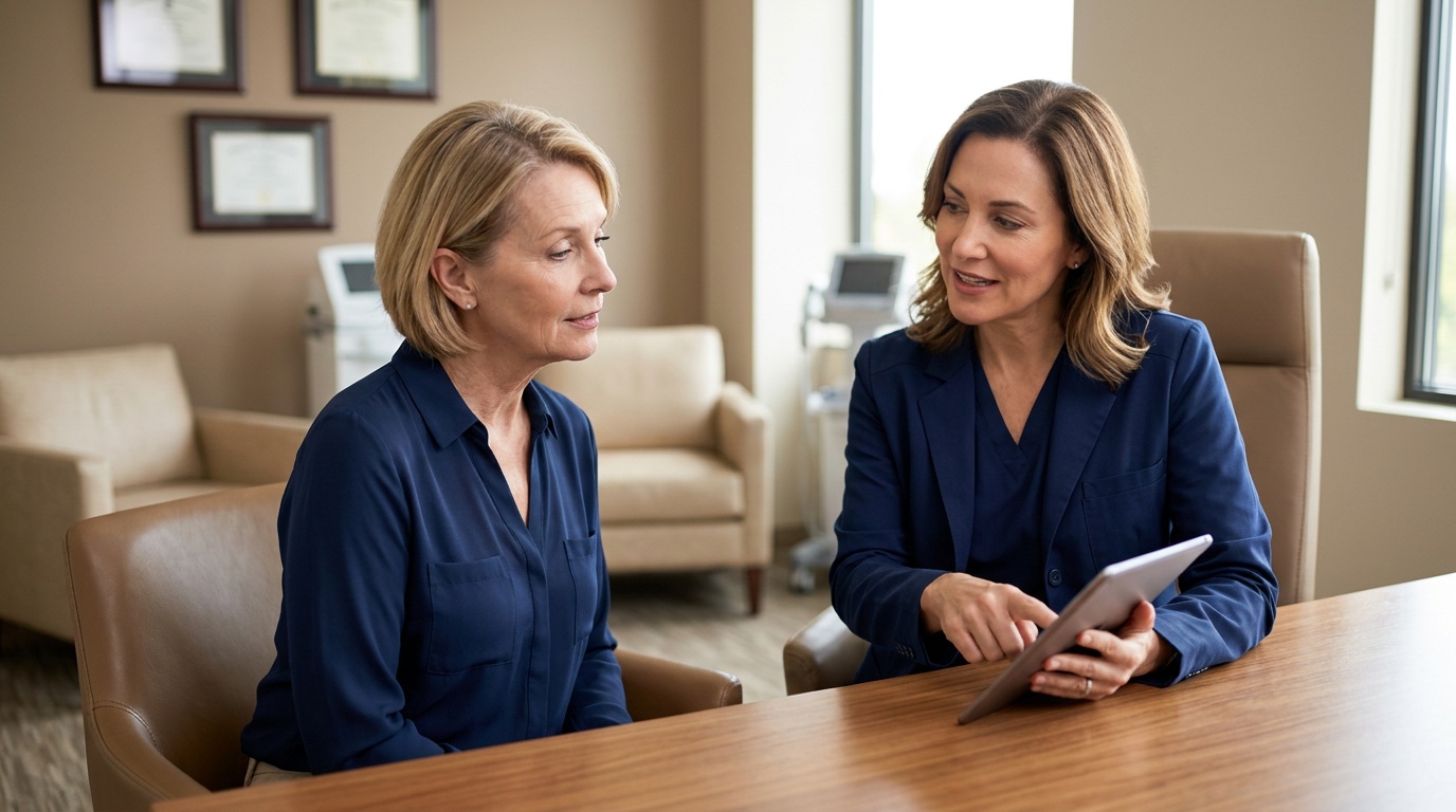 Patient consultation about local anesthesia for mini facelift surgery