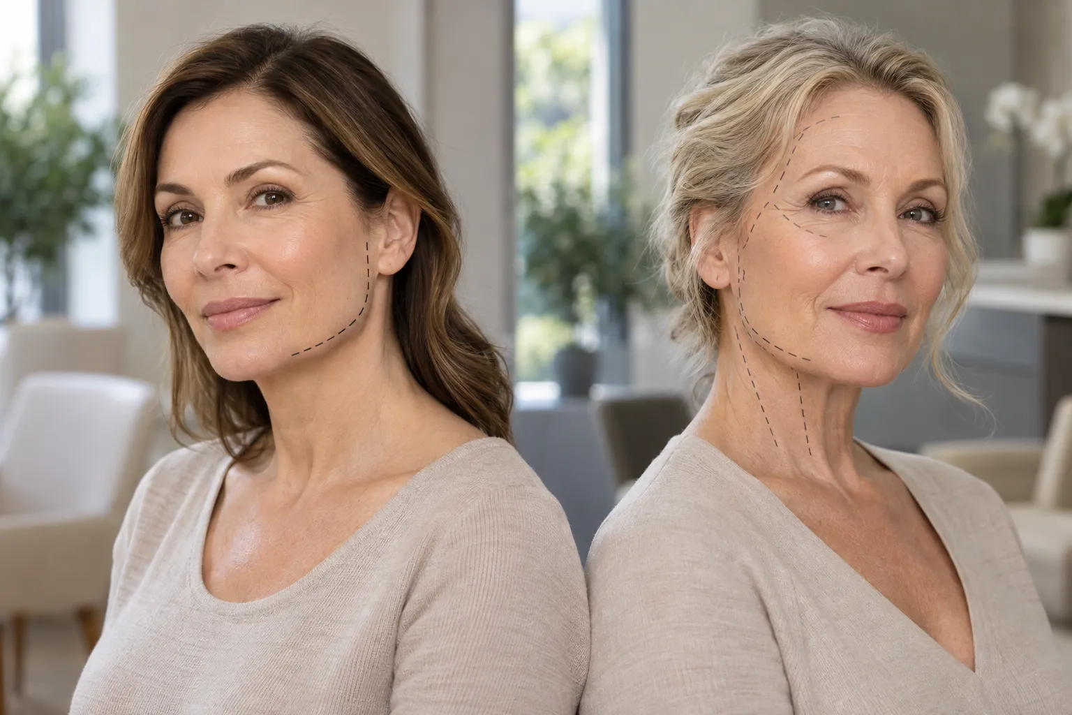 Split-screen diagram comparing mini facelift and full facelift procedures