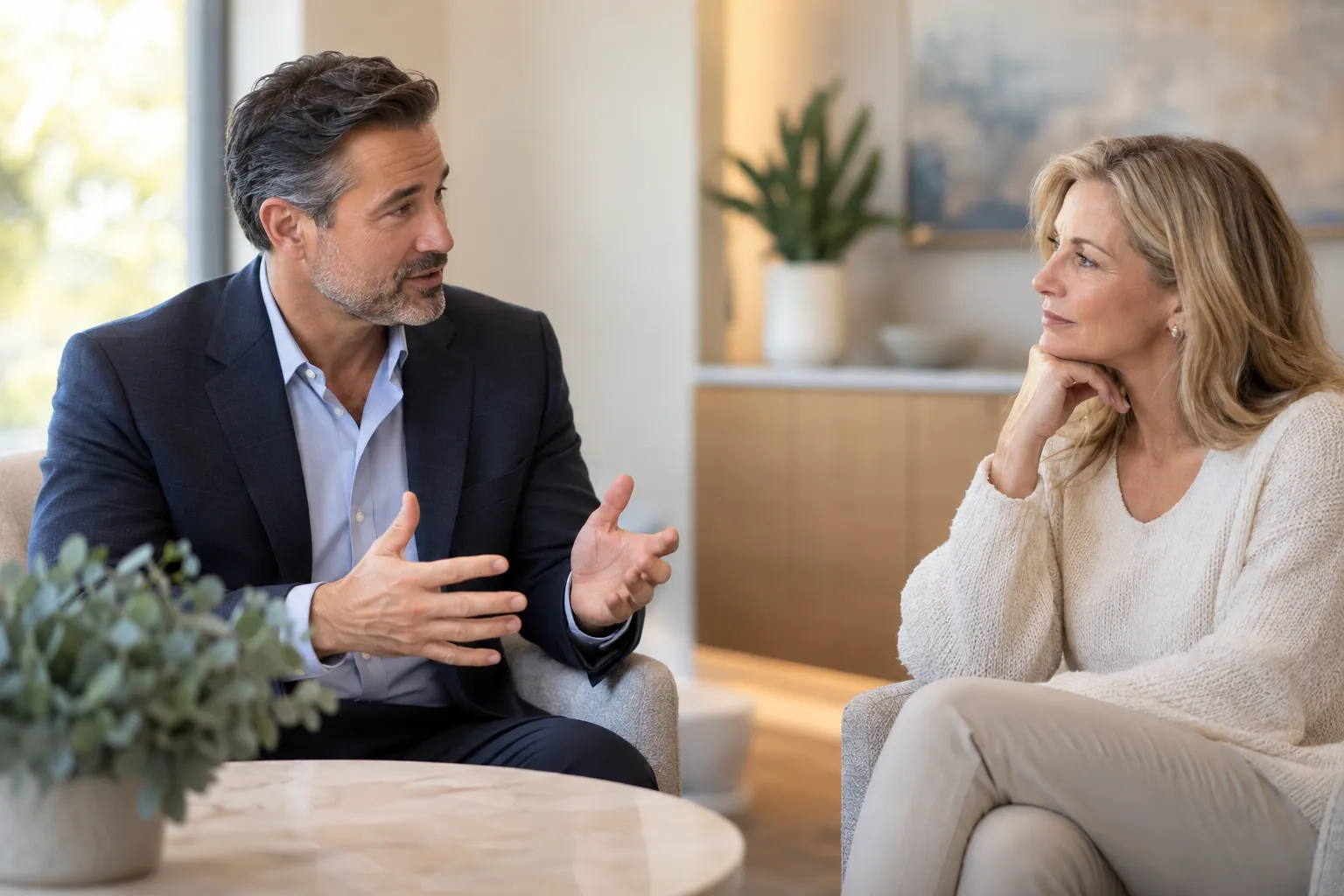 Doctor in white coat beside woman weighing mini facelift options