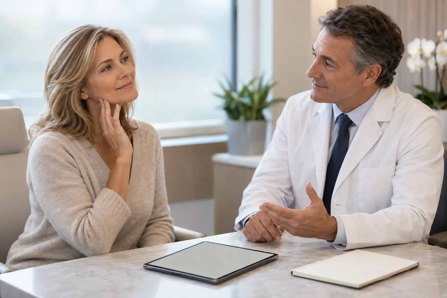 Middle-aged woman consulting with a plastic surgeon about mini facelift recovery