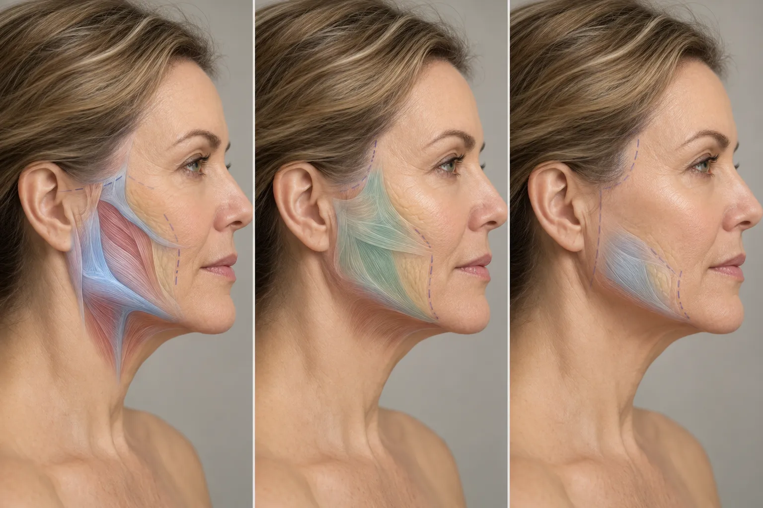 Three facelift techniques compared side by side in labeled diagrams
