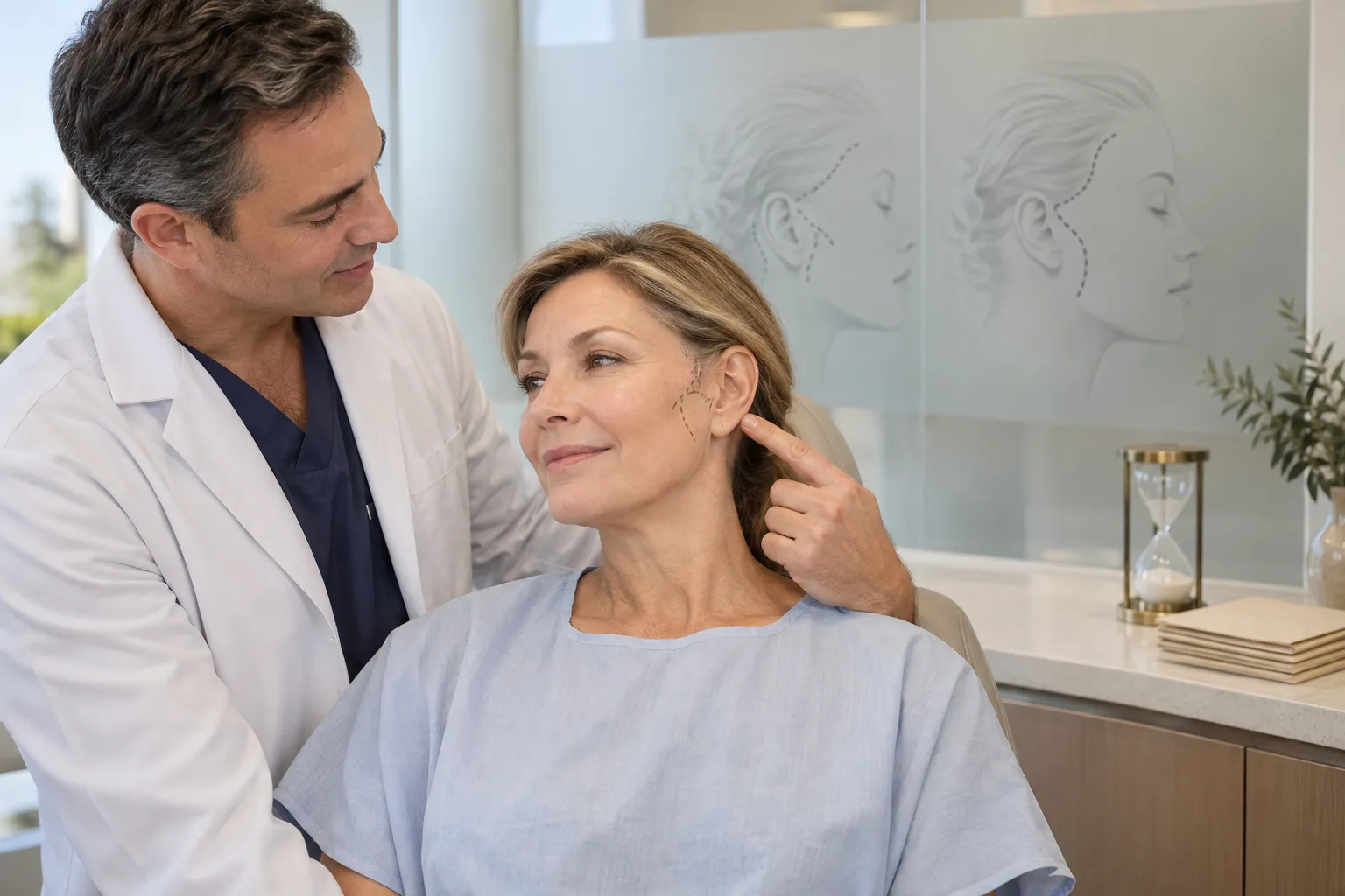 Side-by-side diagram comparing mini facelift and full facelift scar placement