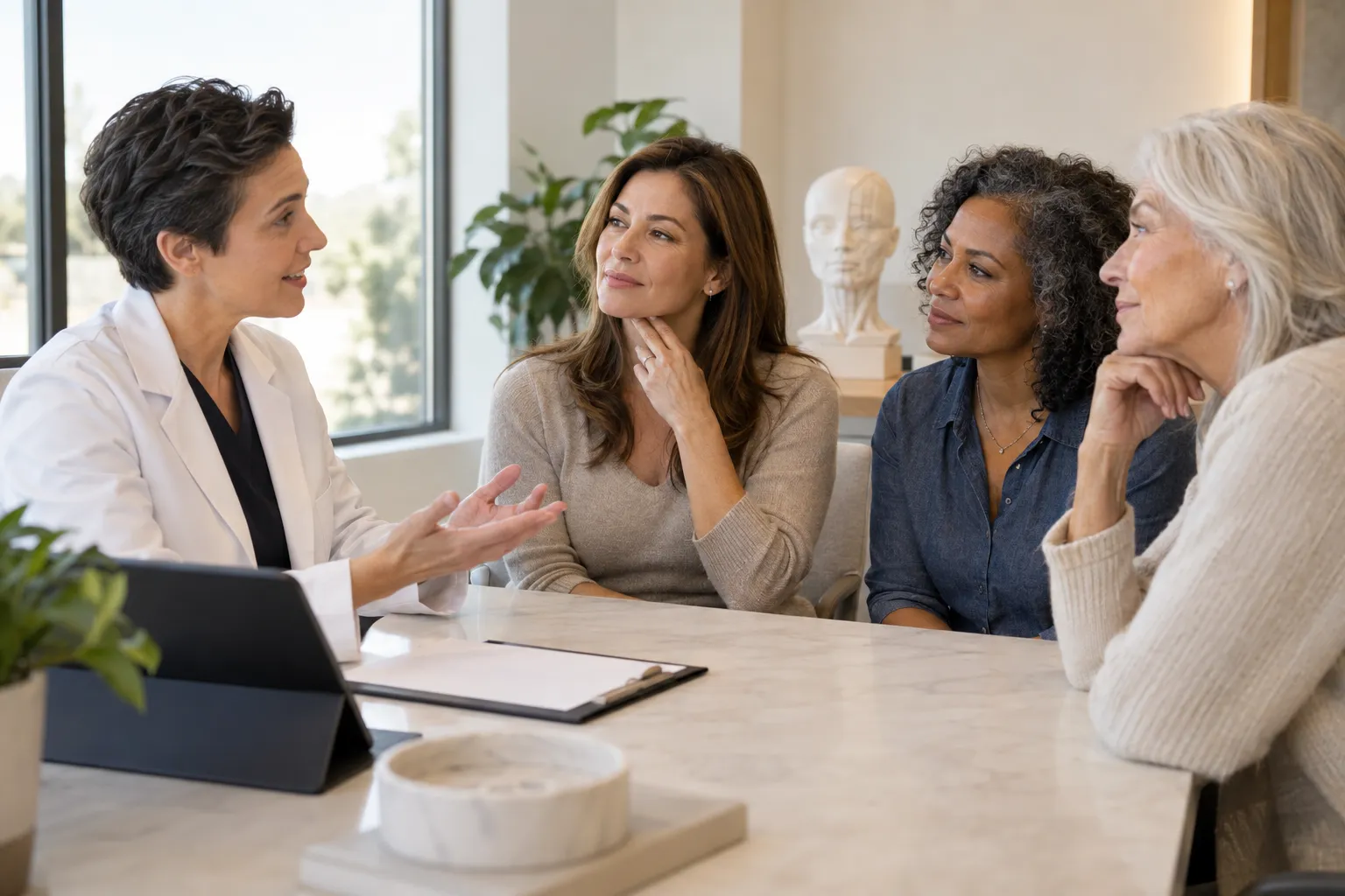 Smiling woman in her 50s consulting surgeon about mini facelift candidacy