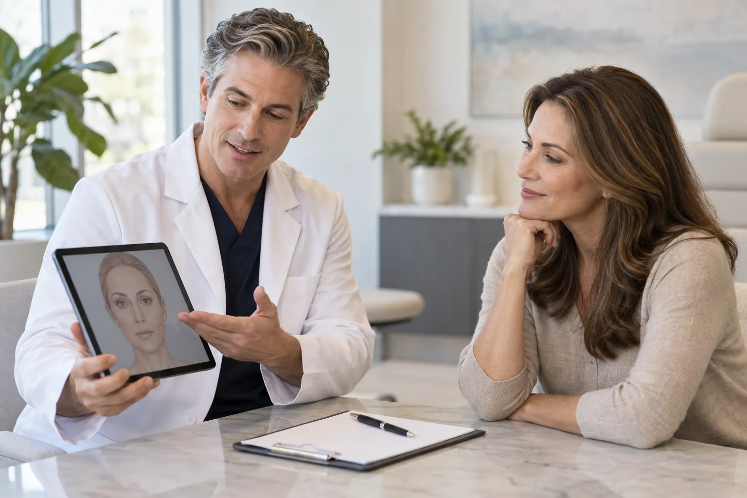 Surgeon reviewing mini facelift consultation checklist with patient in office