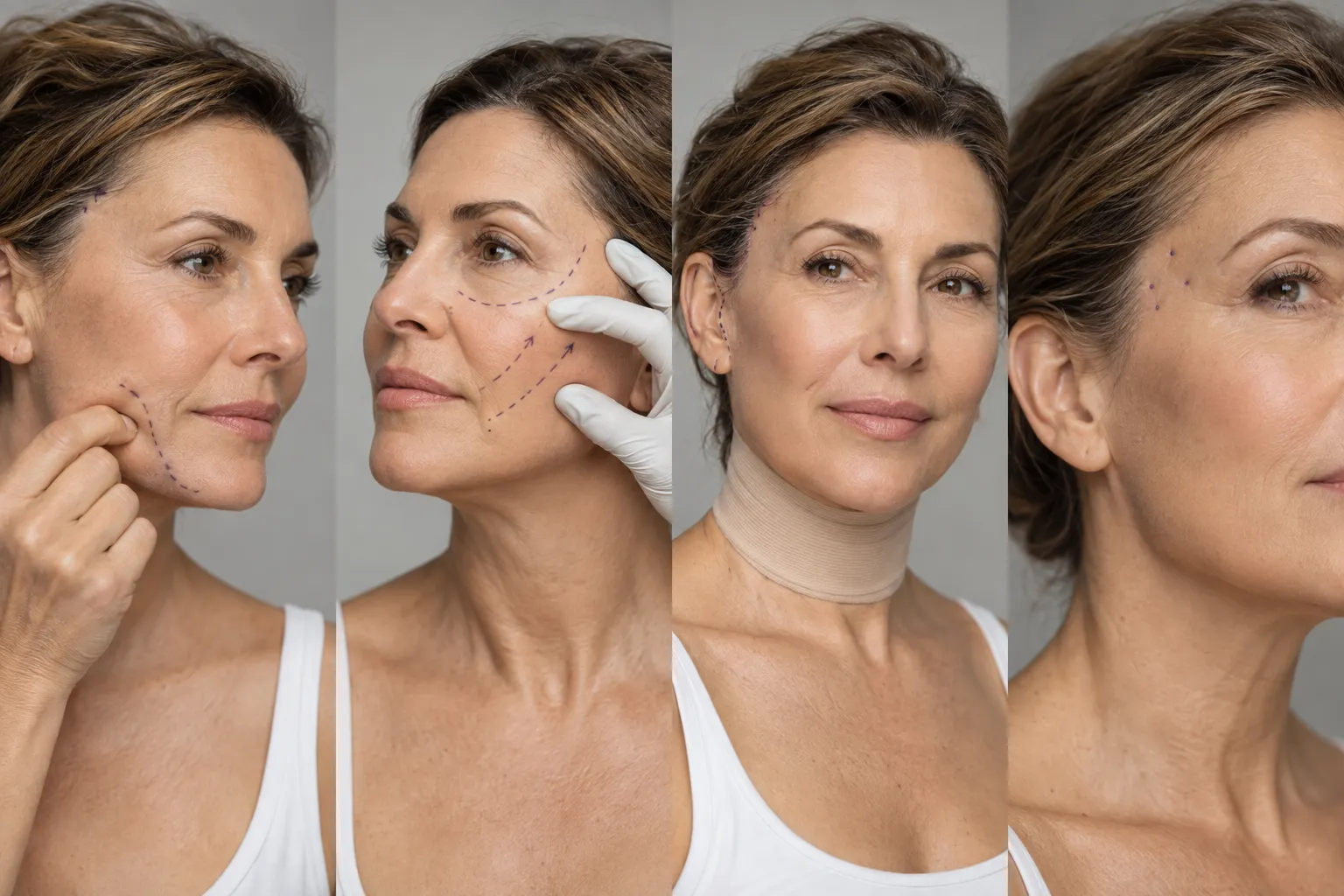 Four facelift technique diagrams comparing mini, deep plane, full, and Nanolift approaches