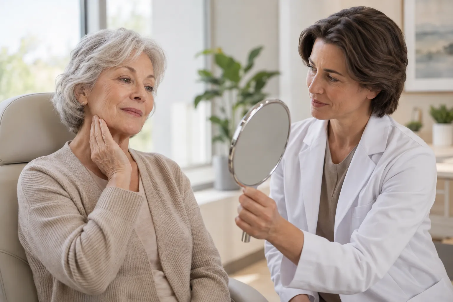 Smiling woman in her seventies touching her face gently, considering a mini facelift